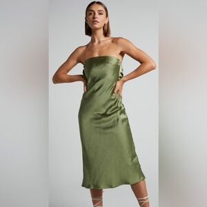 Showpo CHARLITA MIDI DRESS - STRAPLESS COWL BACK DRESS IN OLIVE